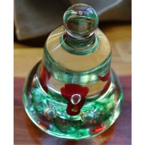1995 Red & Green Floral Clear Joe Rice 4” Bell Glass Paperweight